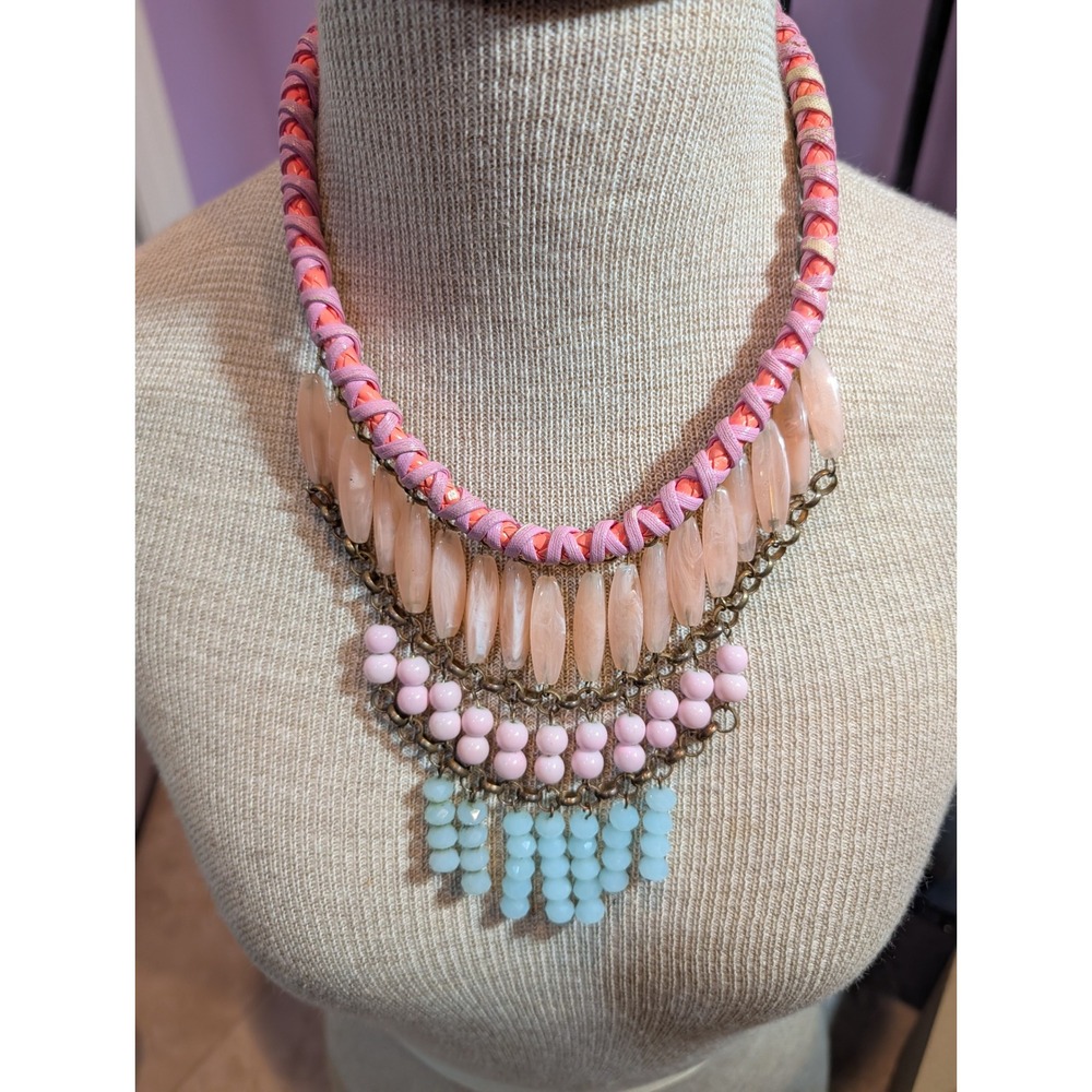 VTG Pink Coral Bib Statement Necklace Woven Rope Beaded Fringe Peach Mint Boho
